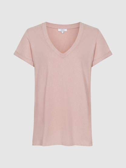 Reiss Cotton-Jersey V-Neck T-Shirt in Light Pink