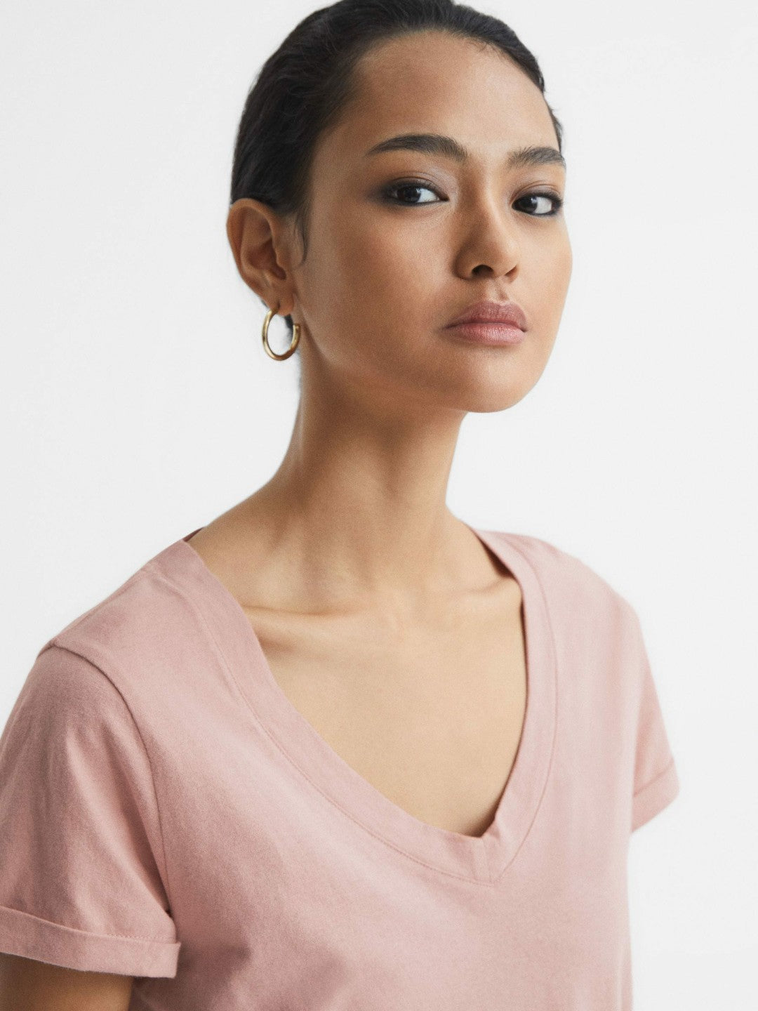 Reiss Cotton-Jersey V-Neck T-Shirt in Light Pink