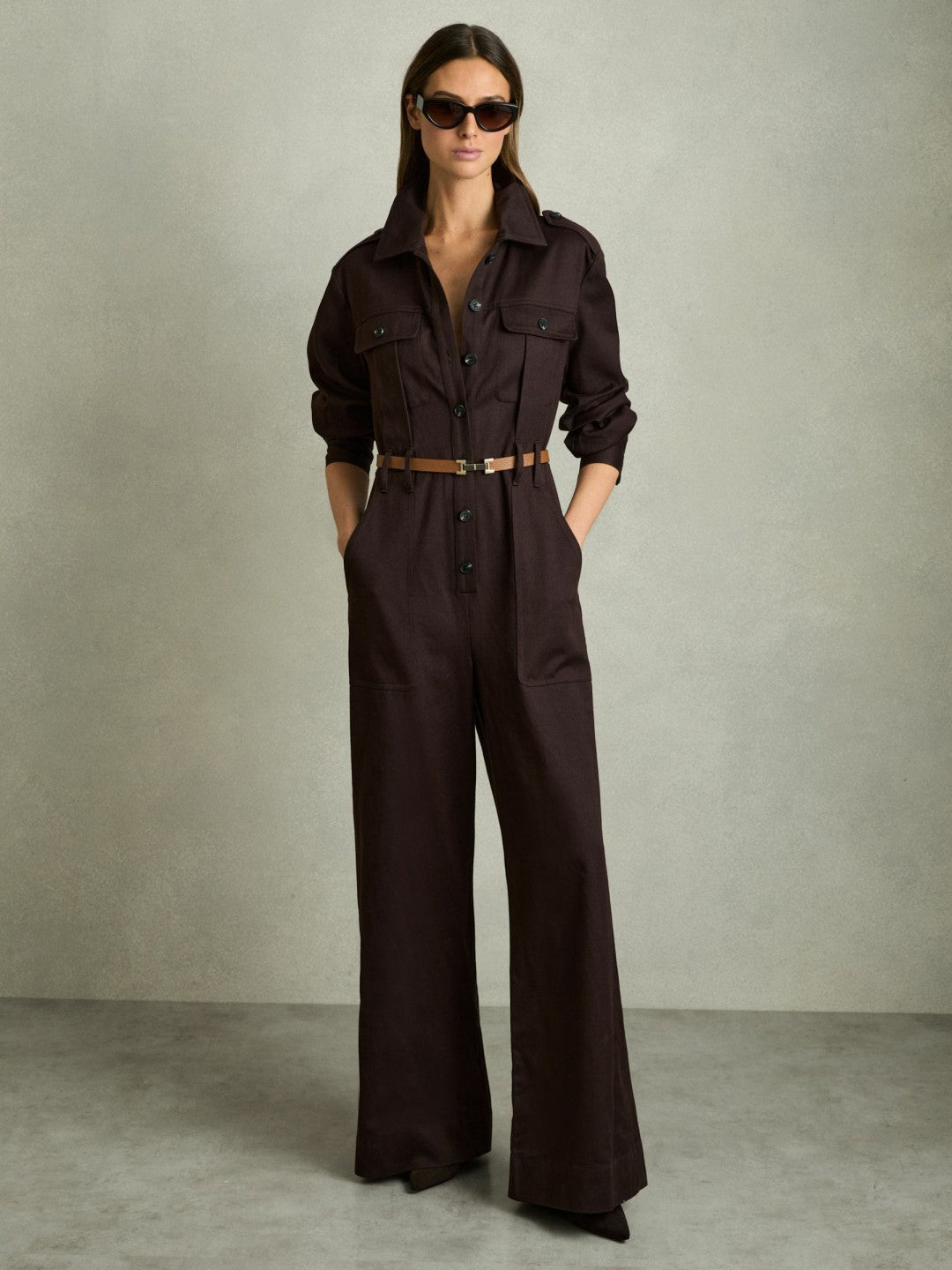 Reiss Leather Square Hinge Belt in Tan