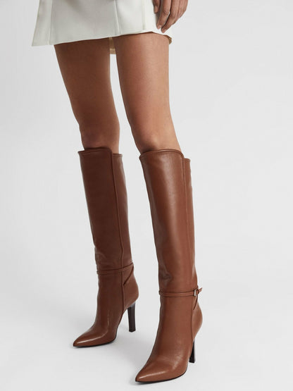 Reiss Leather Knee High Boots in Tan