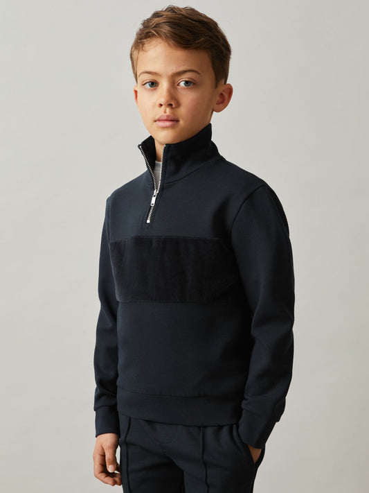 Reiss 3-9 yrs Slim Fit Half-Zip Funnel Neck Velour Sweatshirt in Navy