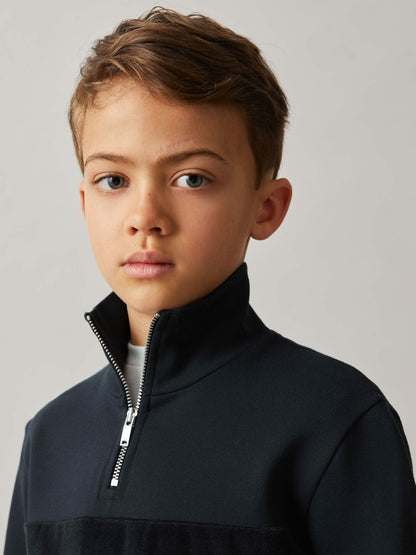 Reiss 3-9 yrs Slim Fit Half-Zip Funnel Neck Velour Sweatshirt in Navy