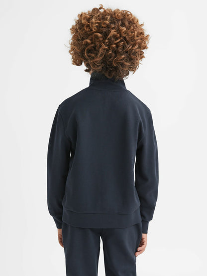 Reiss 3-9 yrs Slim Fit Half-Zip Funnel Neck Velour Sweatshirt in Navy