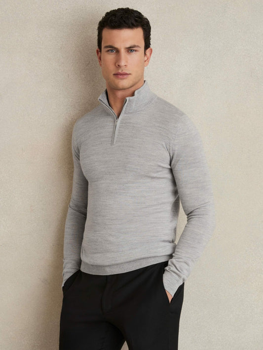 Reiss Merino Wool Half-Zip Jumper in Soft Grey Mouline