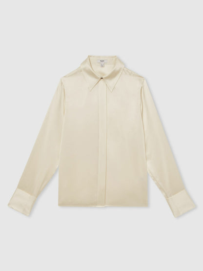 Reiss Silk-Satin Concealed-Placket Shirt in Ivory