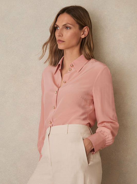 Reiss Silk Embossed-Button Shirt in Pink