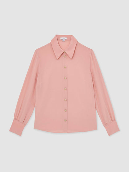 Reiss Silk Embossed-Button Shirt in Pink