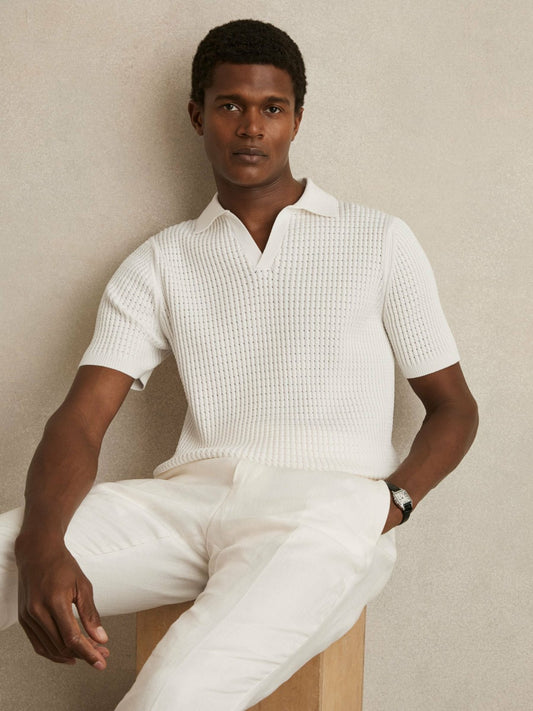 Reiss Micro-Cable Open-Collar Cotton-Blend Shirt in White