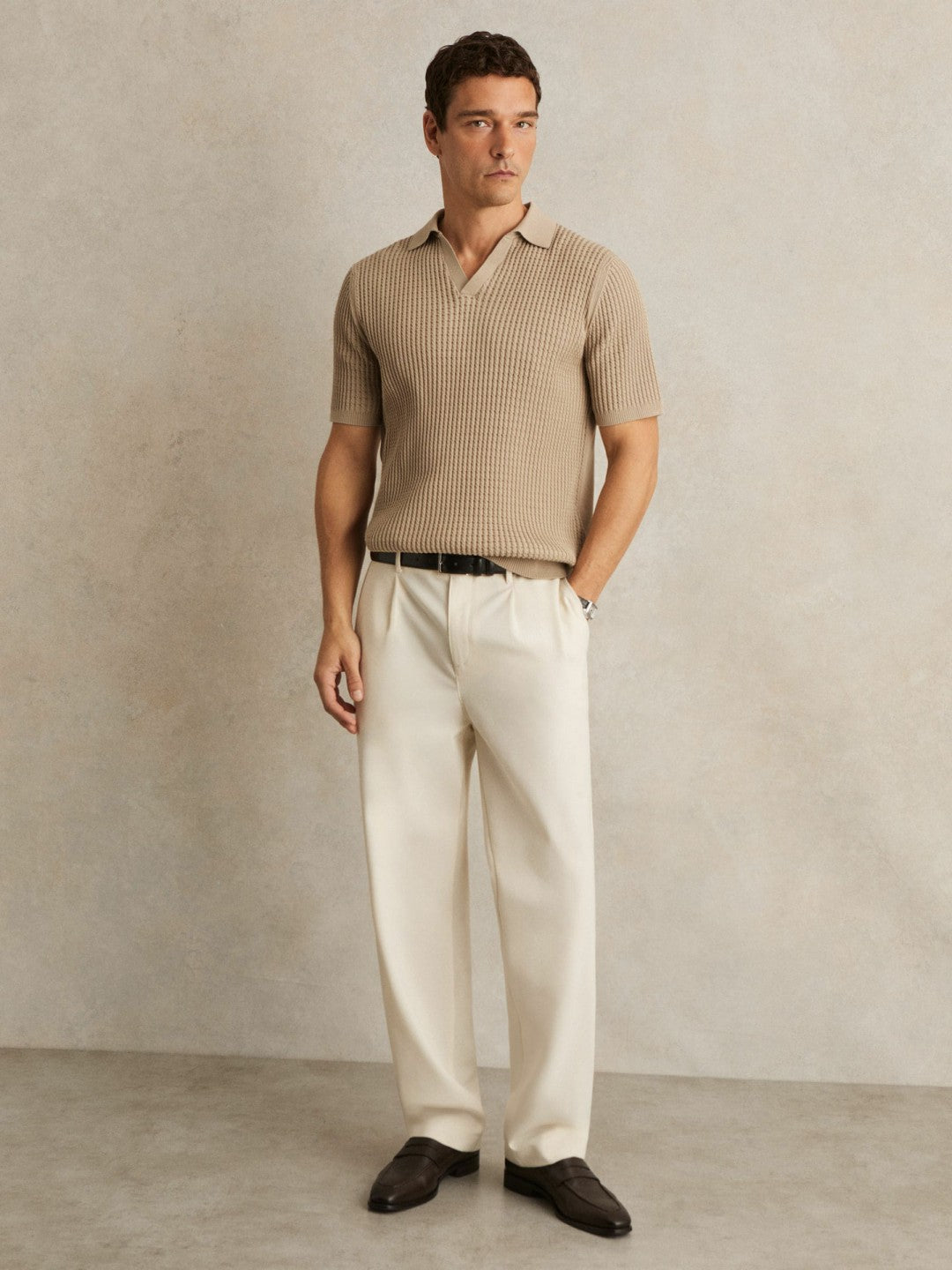 Reiss Micro-Cable Open-Collar Cotton-Blend Shirt in Light Camel Brown