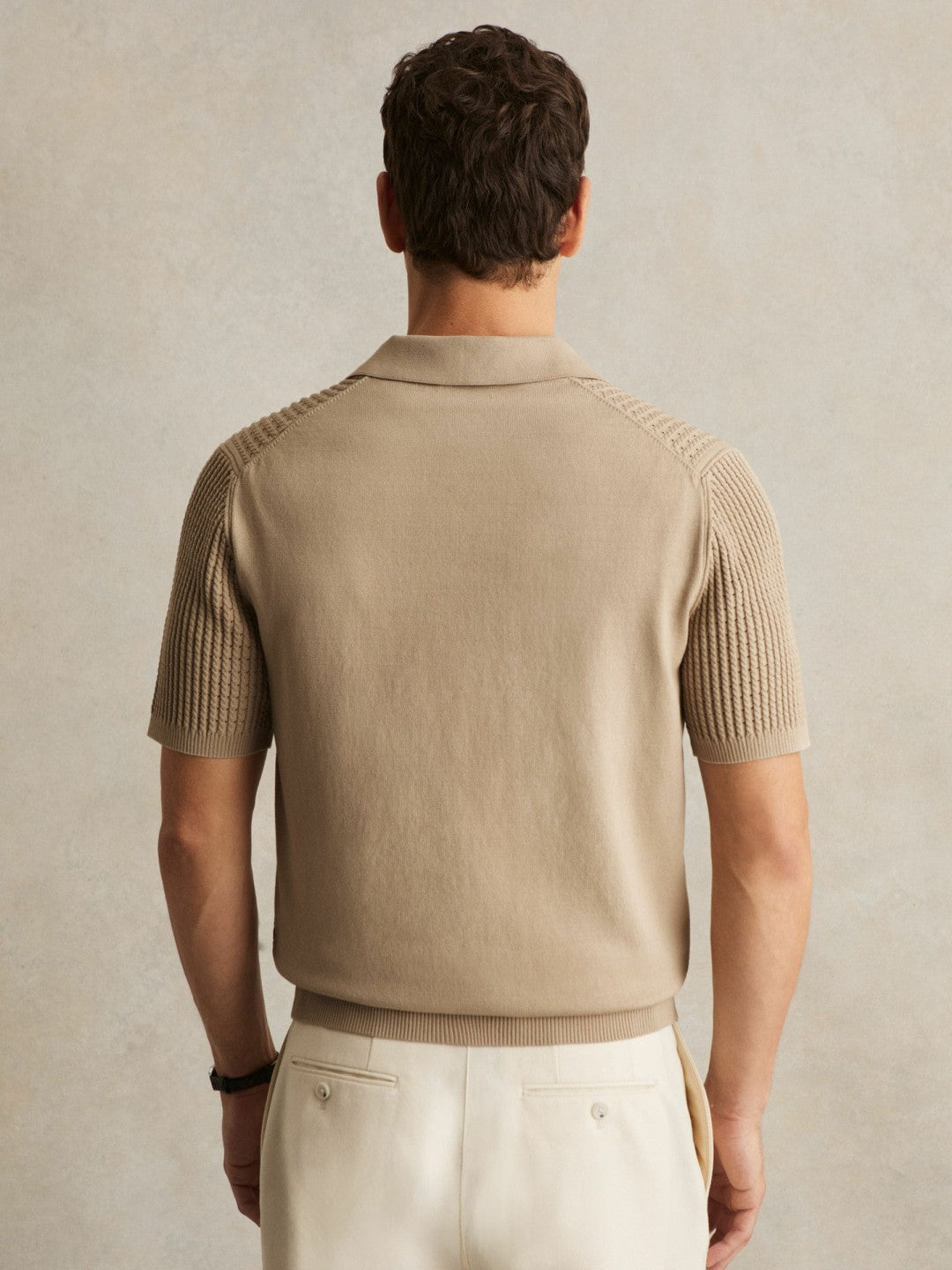 Reiss Micro-Cable Open-Collar Cotton-Blend Shirt in Light Camel Brown