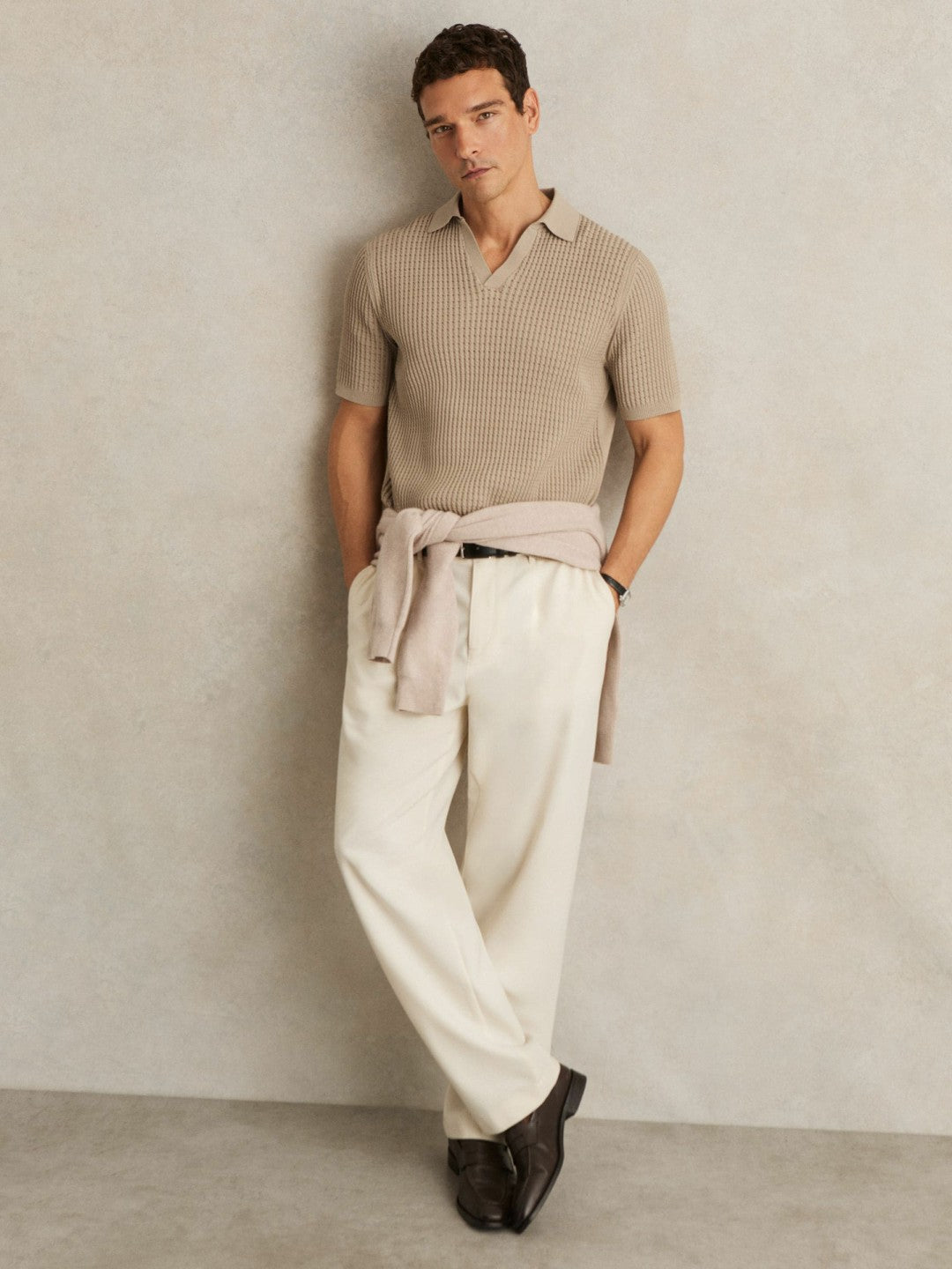 Reiss Micro-Cable Open-Collar Cotton-Blend Shirt in Light Camel Brown