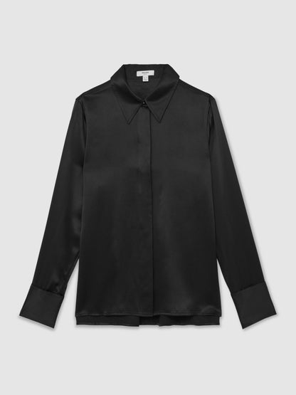 Reiss Silk-Satin Concealed-Placket Shirt in Black