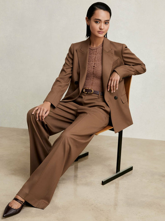 Reiss Petite Wool-Blend Wide-Leg Suit Trousers in Tan