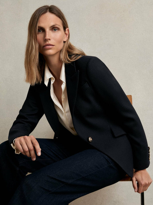 Reiss Single-Breasted Textured Blazer Wool-Blend in Navy