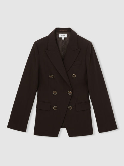 Reiss Petite Wool-Blend Double-Breasted Blazer in Chocolate Brown
