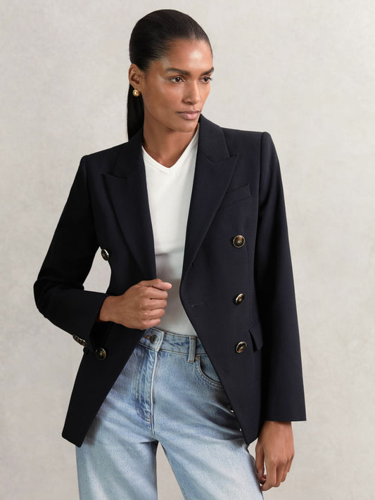 Reiss Wool-Blend Double-Breasted Blazer in Navy
