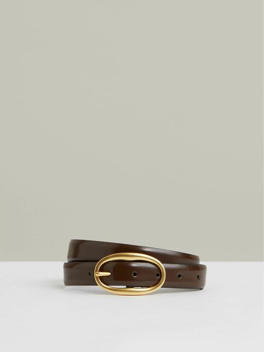 Reiss Patent Leather Oval Buckle Belt in Chocolate