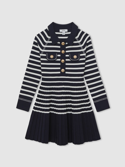 Reiss 9-13 yrs Button-Detail Stripe Knitted Dress in Navy/White