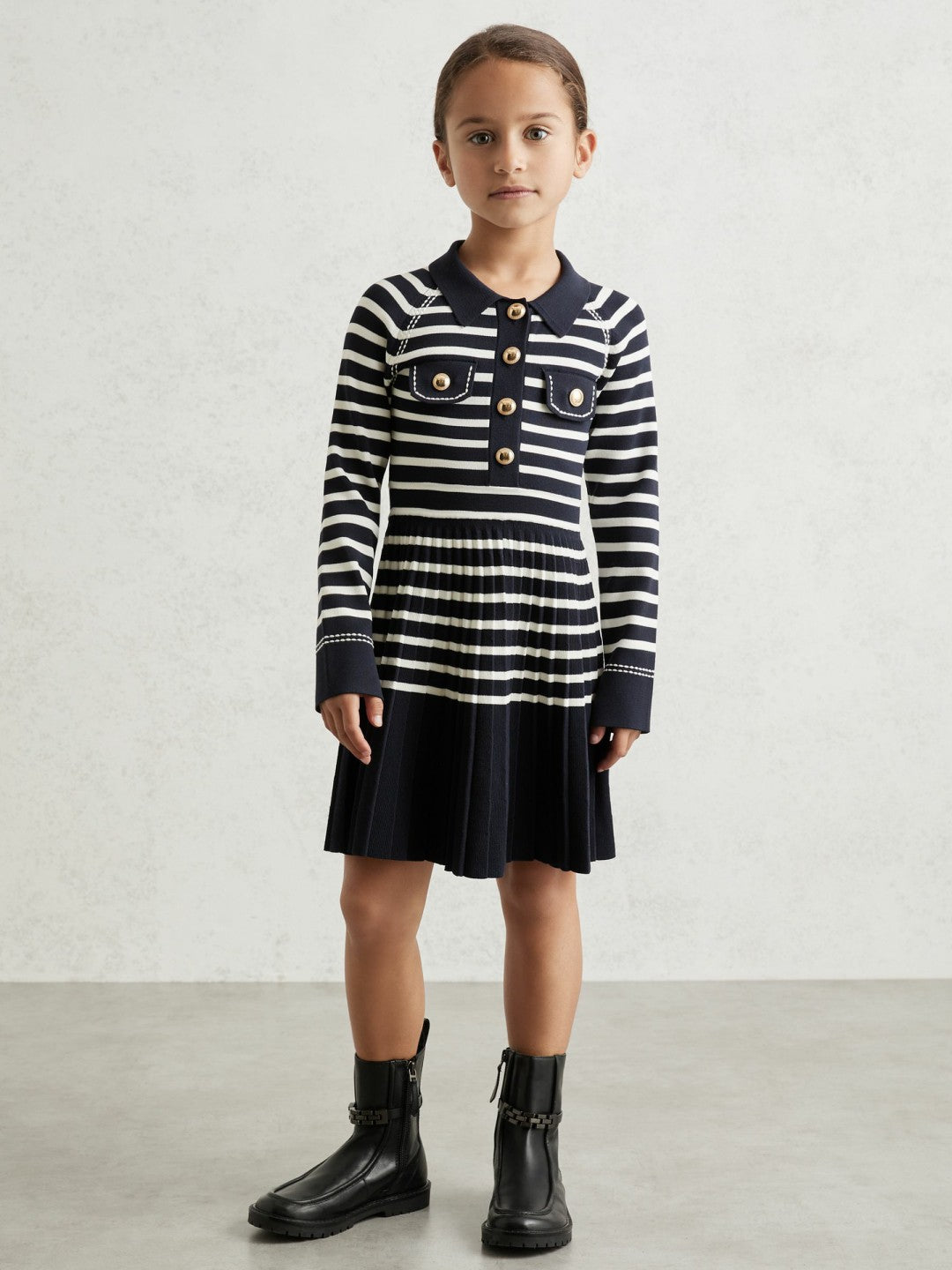 Reiss 9-13 yrs Button-Detail Stripe Knitted Dress in Navy/White
