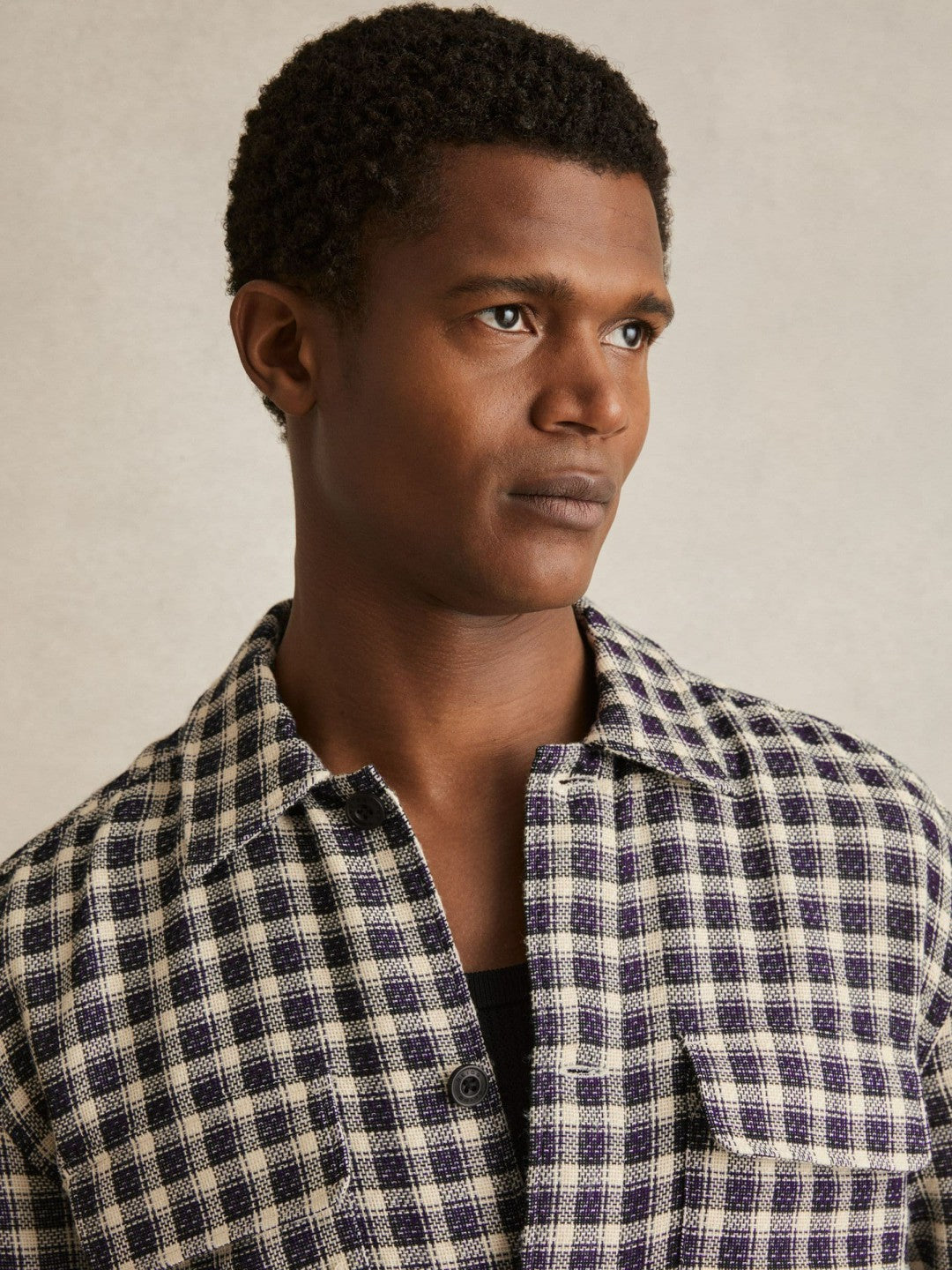 Reiss Woven Check Twin Pocket Overshirt in Navy/White