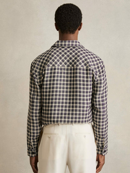 Reiss Woven Check Twin Pocket Overshirt in Navy/White