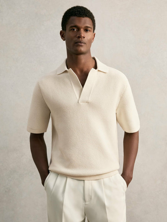 Reiss Oversize Textured Polo Shirt Cotton-Blend in Off White