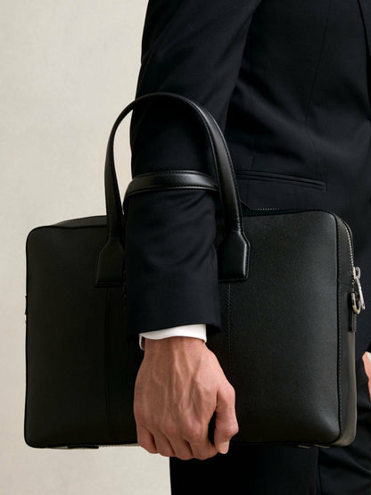 Reiss Micro-Grain Leather Briefcase in Black