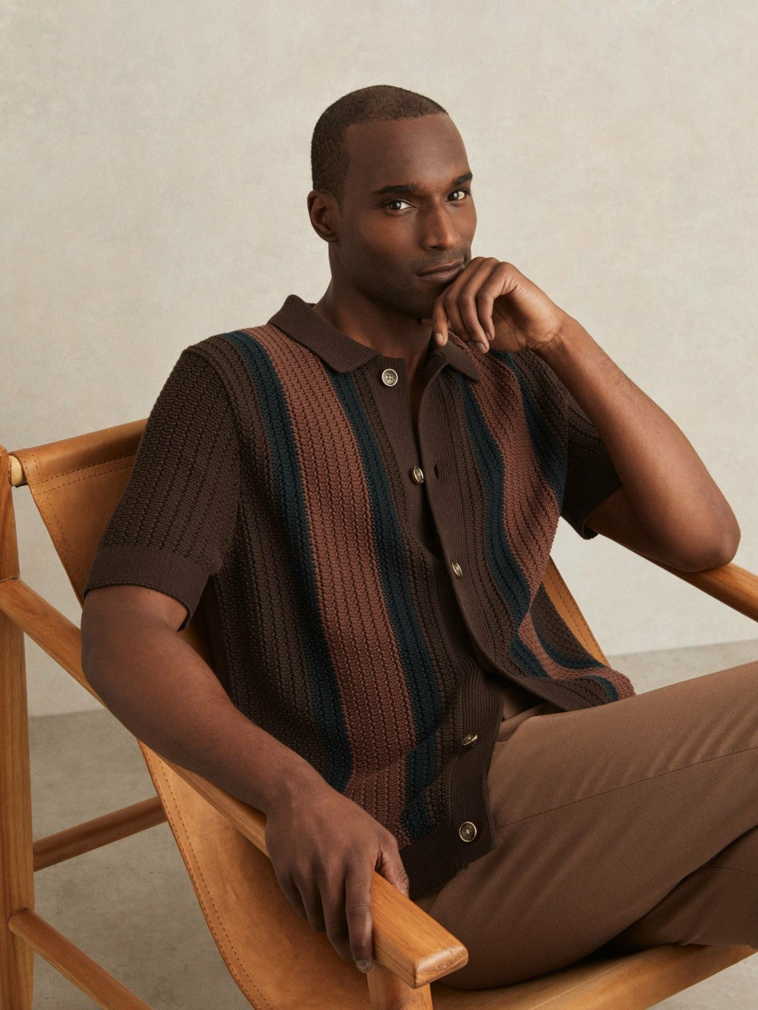 Reiss Cotton Textured-Knit Stripe Shirt in Brown Multi