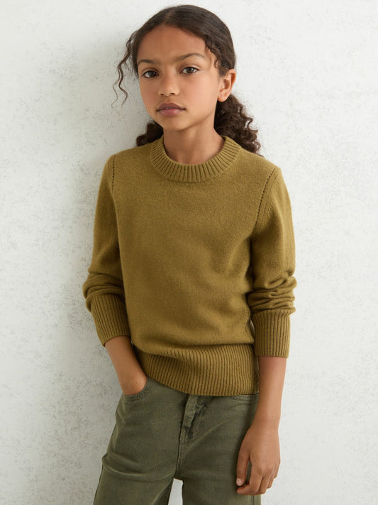 Reiss 3-9 yrs Wool-Blend Open-Stitch Jumper with Cashmere in Khaki Green