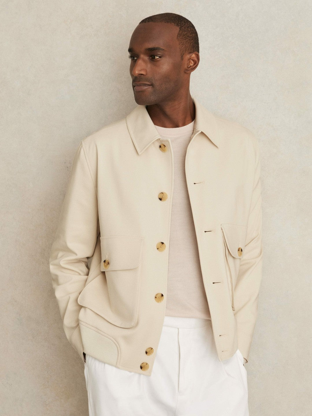 Reiss Cotton-Blend Button-Through Jacket in Light Stone