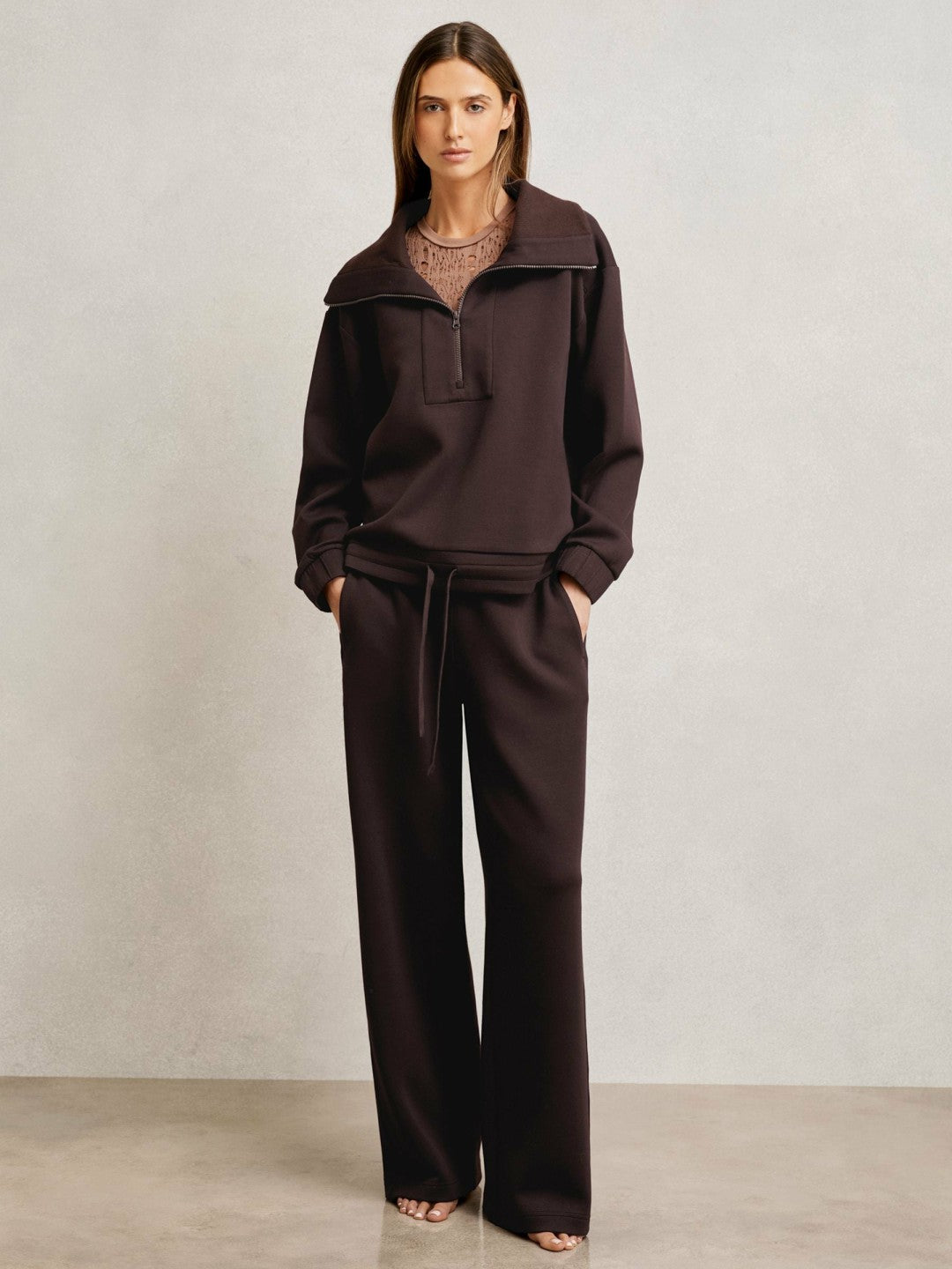 Reiss Interlock Half Zip Drawstring Hem Sweatshirt in Plum