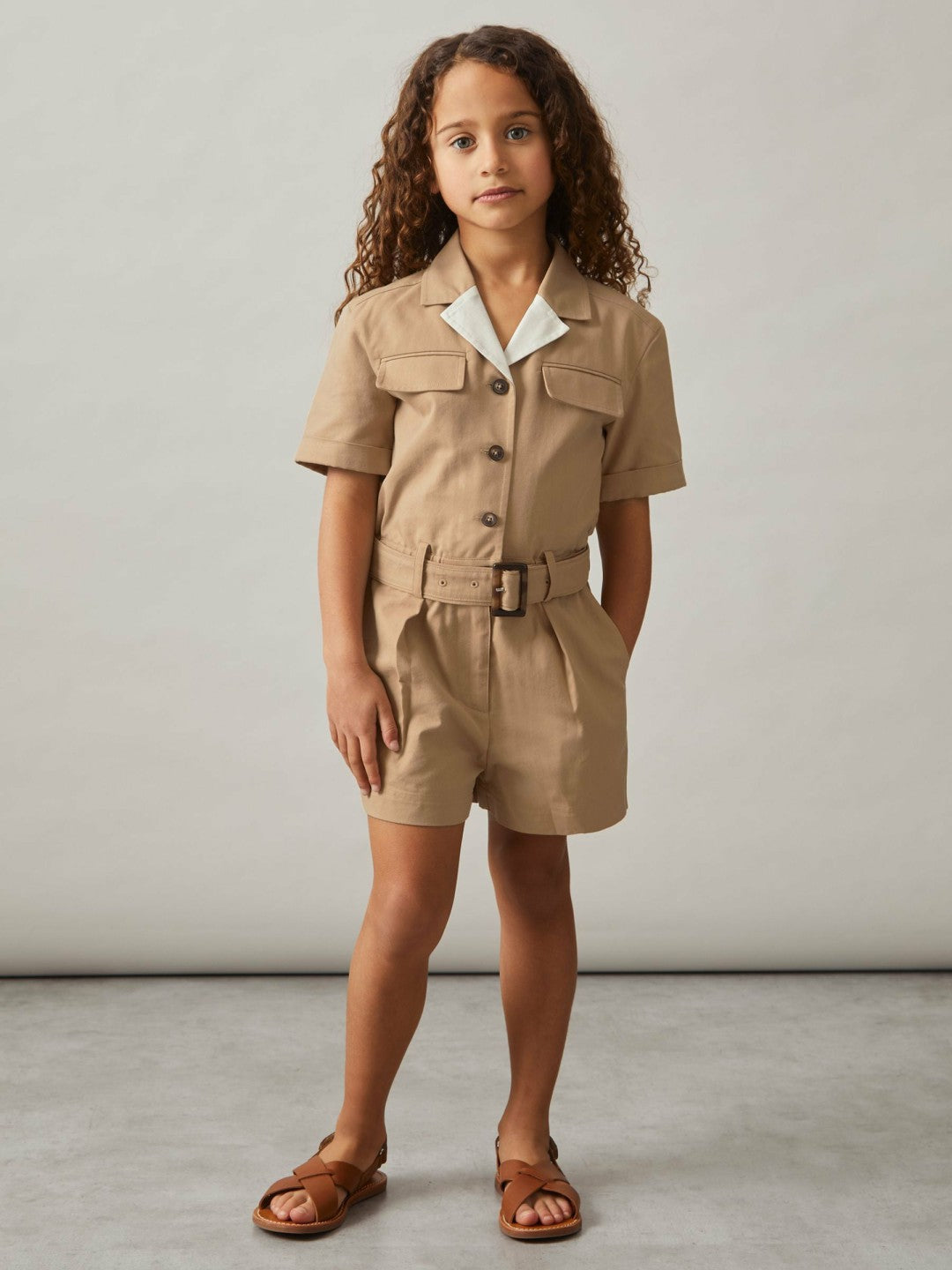 Reiss 13-14 yrs Cotton-Lyocell Utility Playsuit in Camel