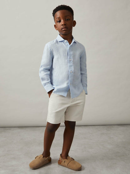 Reiss 9-13 yrs Linen Cutaway Collar Shirt in Pale Blue