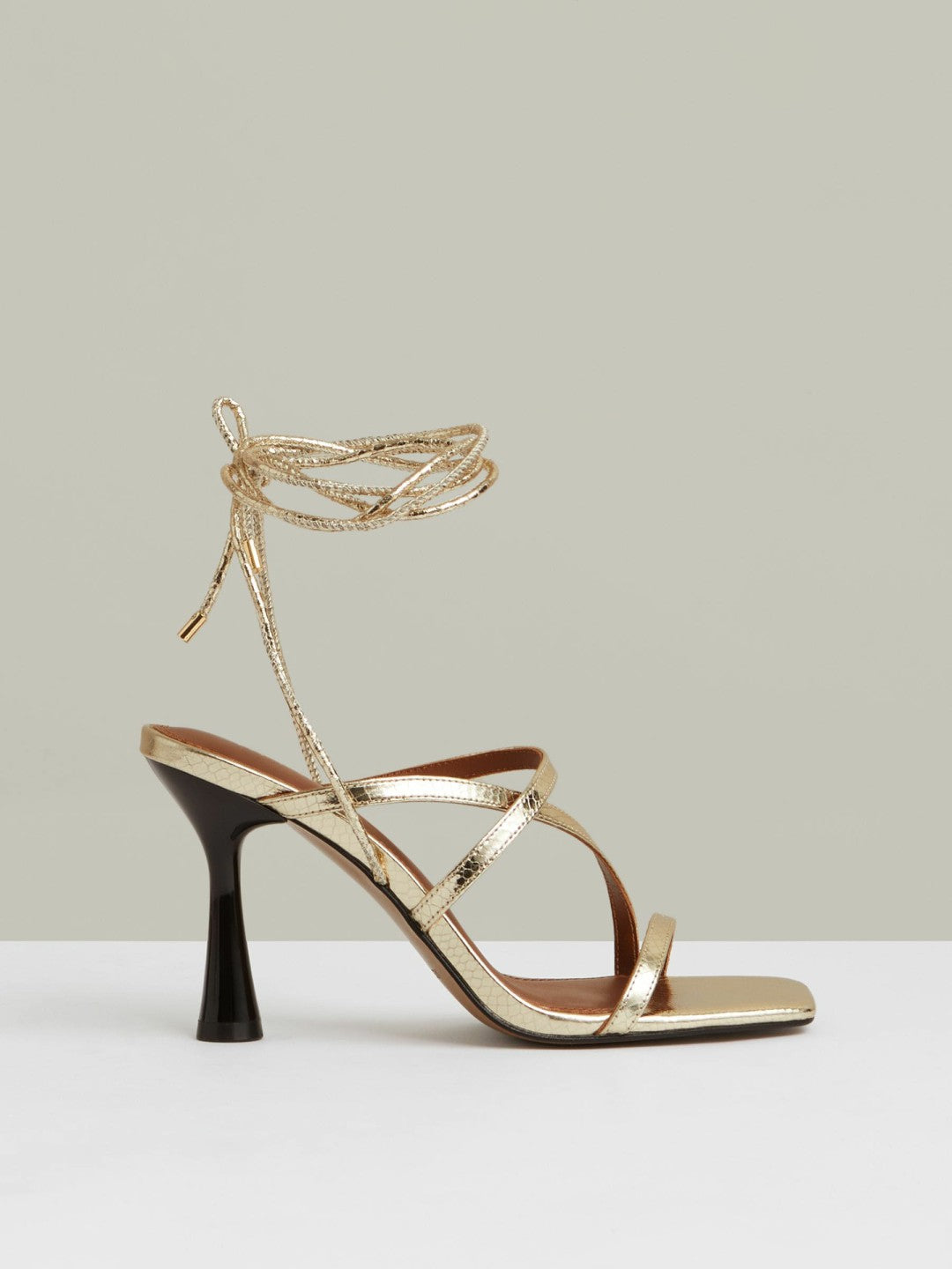 Reiss Leather Metallic Strappy Heeled Sandals in Gold