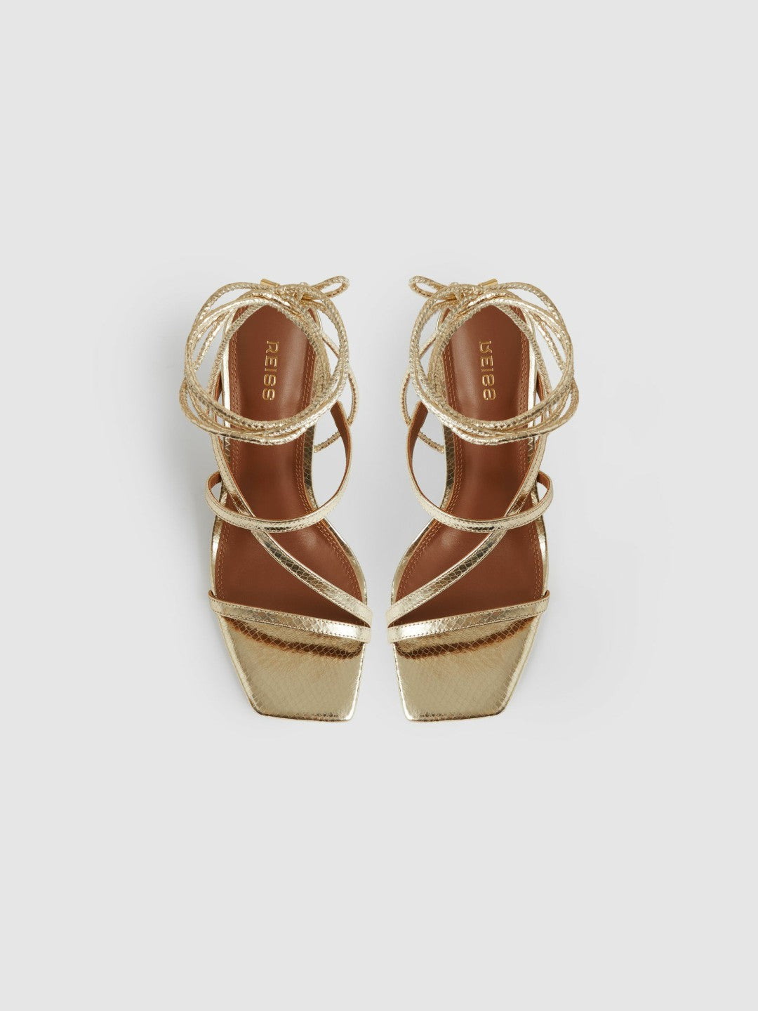 Reiss Leather Metallic Strappy Heeled Sandals in Gold