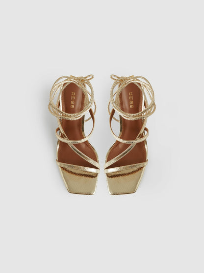Reiss Leather Metallic Strappy Heeled Sandals in Gold