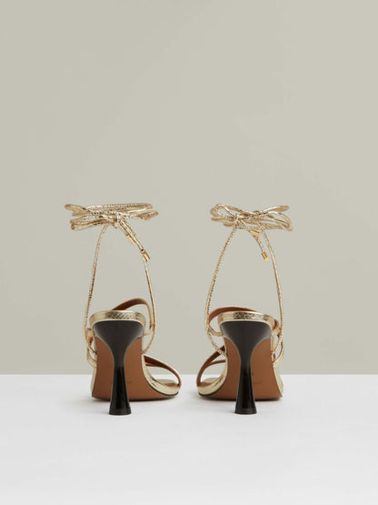Reiss Leather Metallic Strappy Heeled Sandals in Gold