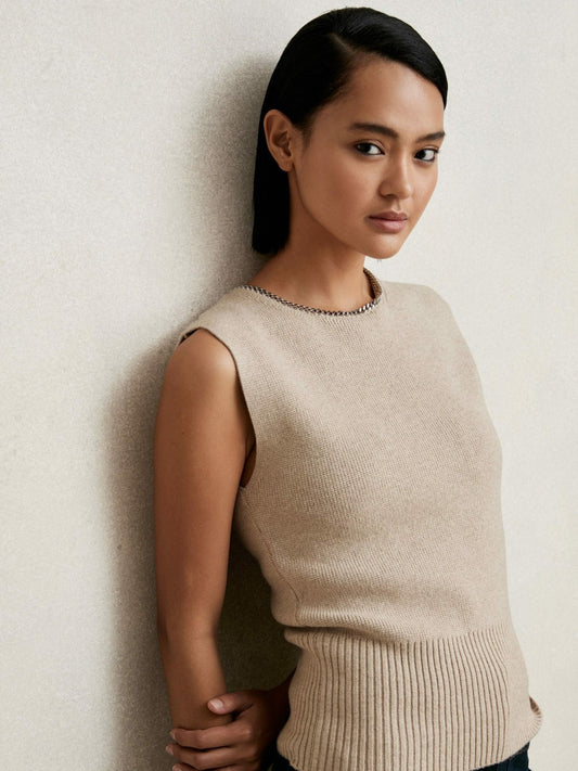 Reiss Wool-Blend Necklace-Trim Knitted Vest in Neutral
