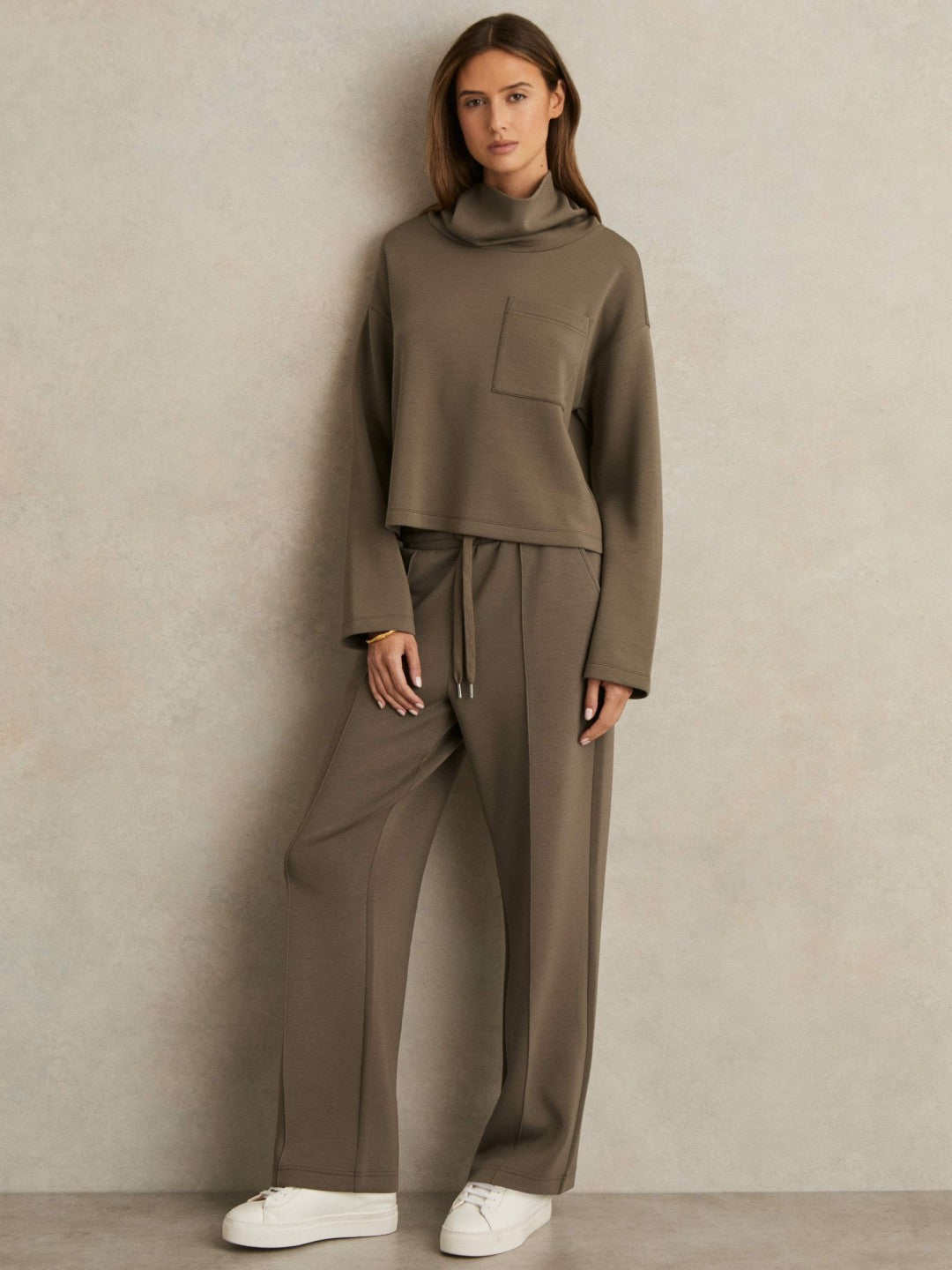 Reiss Petite Modal-Blend Interlock Wide-Leg Joggers in Khaki Green