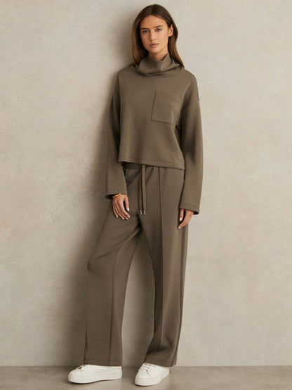 Reiss Petite Modal-Blend Interlock Wide-Leg Joggers in Khaki Green