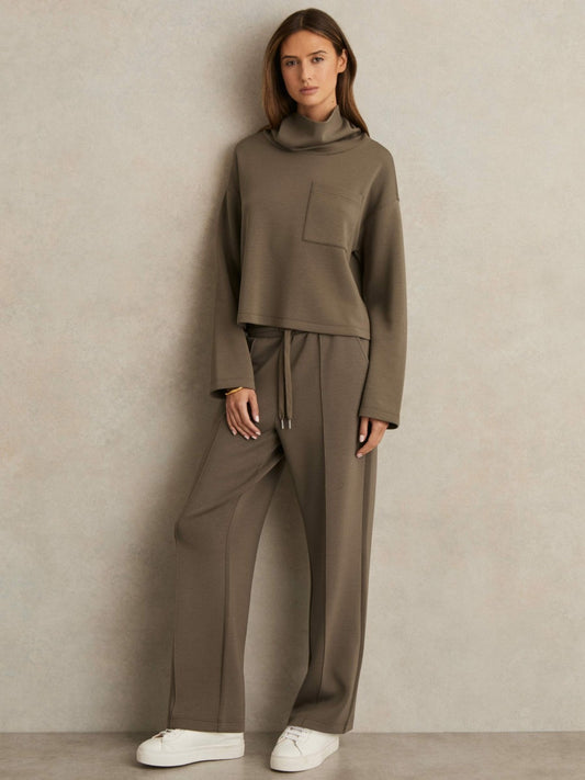 Reiss Petite Modal-Blend Interlock Wide-Leg Joggers in Khaki Green