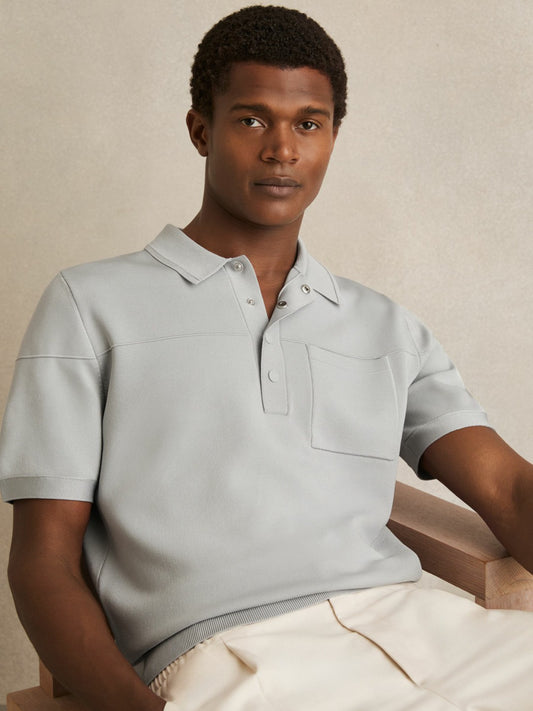 Reiss Press-Stud Seam-Detail Polo Shirt in Ice Grey