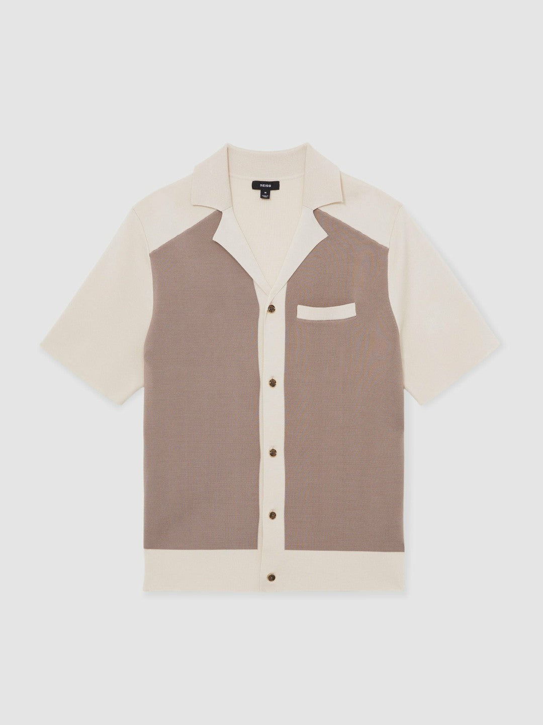 Reiss Colour-Block Cuban-Collar Knit Shirt in Taupe Brown/Light Stone