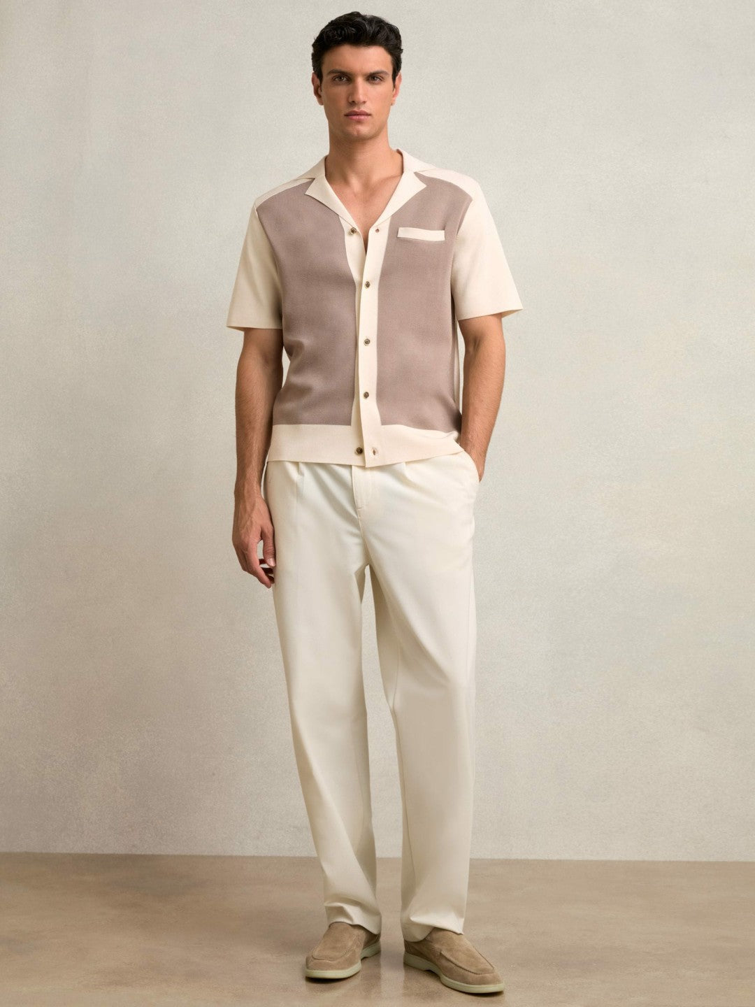 Reiss Colour-Block Cuban-Collar Knit Shirt in Taupe Brown/Light Stone