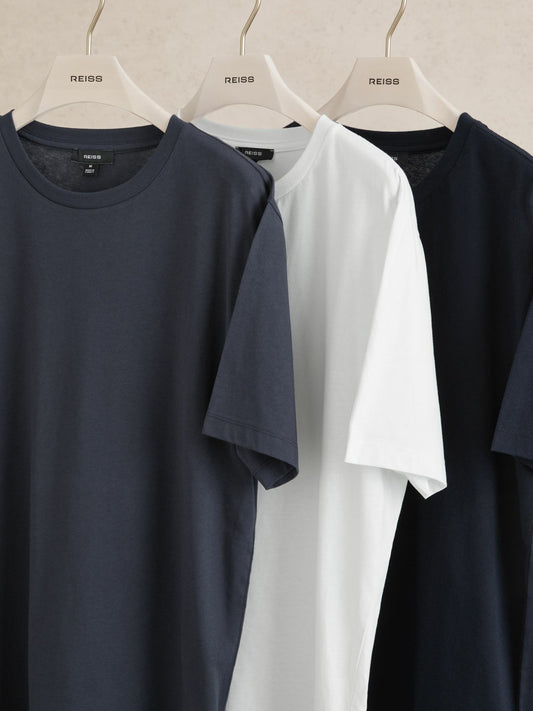 Reiss Cotton Crew-Neck T-shirts 3 Pack in White/Navy/Airforce Blue