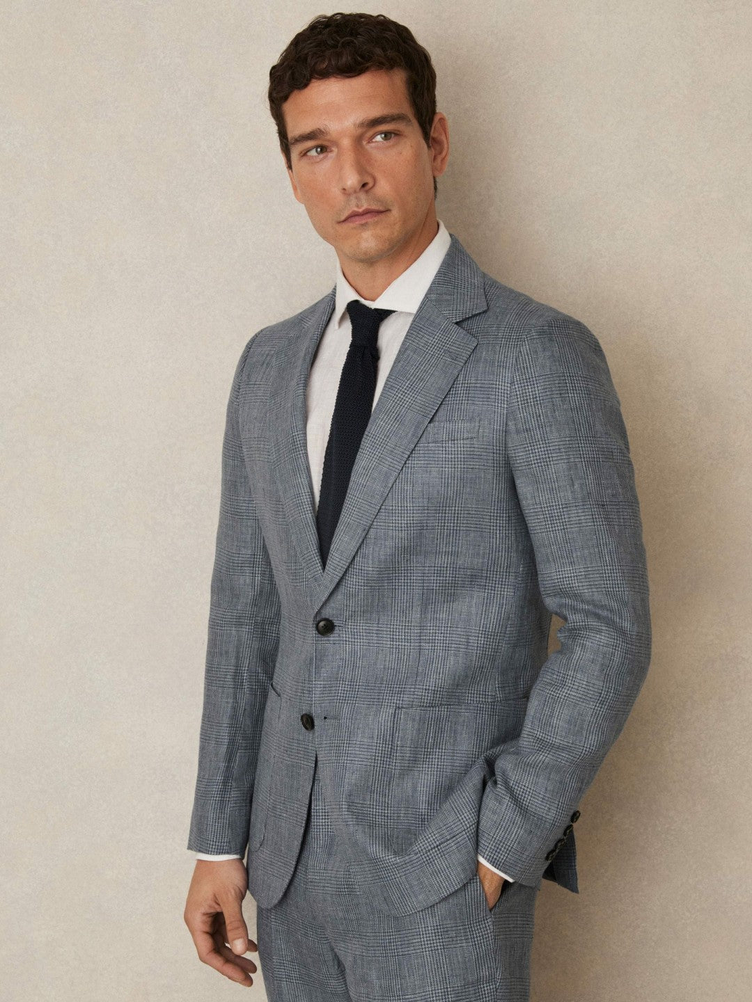 Reiss Slim Fit Single Breasted Linen Check Suit Blazer in Soft Blue