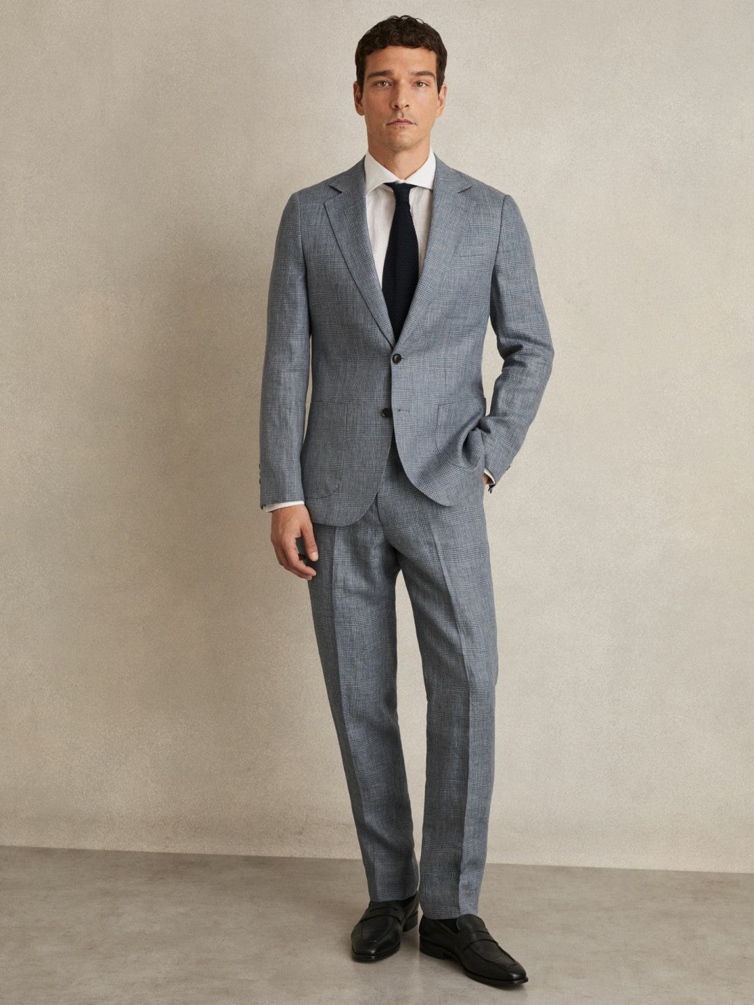 Reiss Slim Fit Single Breasted Linen Check Suit Blazer in Soft Blue