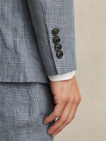 Reiss Slim Fit Single Breasted Linen Check Suit Blazer in Soft Blue