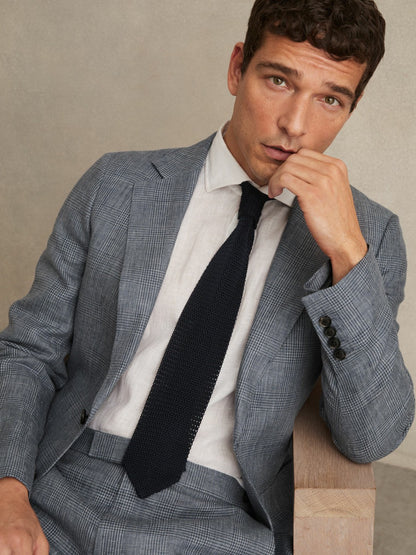 Reiss Slim Fit Single Breasted Linen Check Suit Blazer in Soft Blue