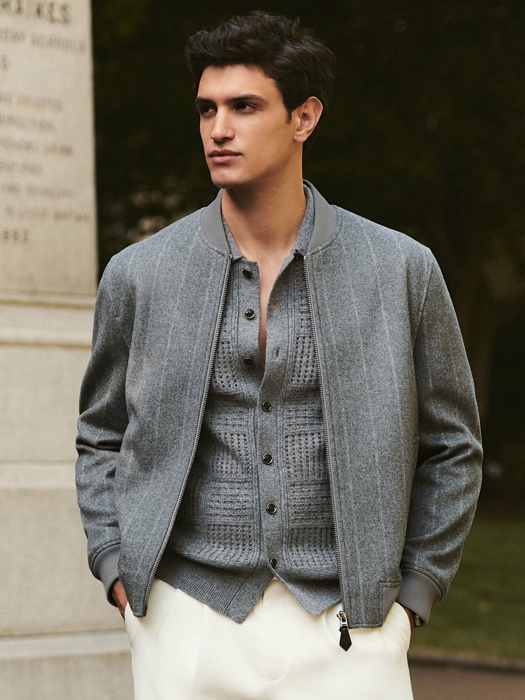 Reiss Wool-Blend Chalk-Stripe Bomber Jacket in Grey
